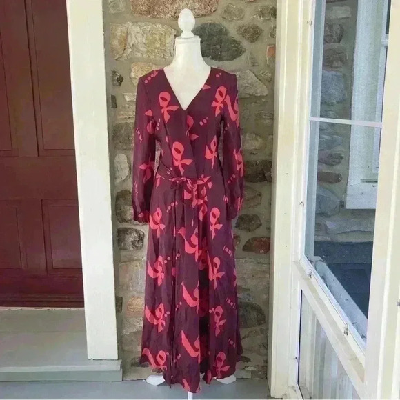 LemLem Maroon Patterned Tie Front Silk Long Sleeve Maxi Dress Womens Medium - Picture 1 of 15